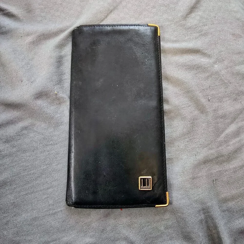 Vintage Dunhill Black Leather Bifold Wallet with Gold Accents